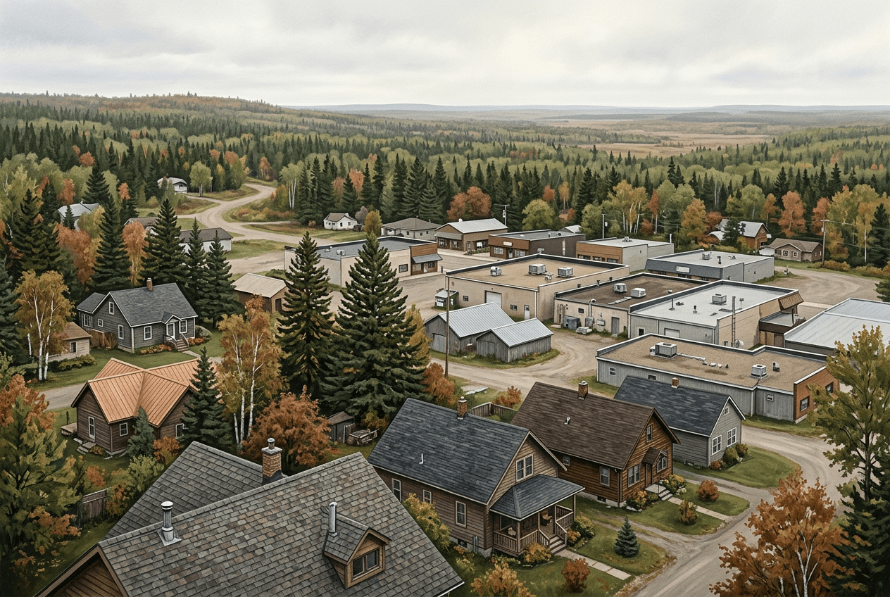 Illustration of northern Minnesota residential and commercial roofs surrounded by trees