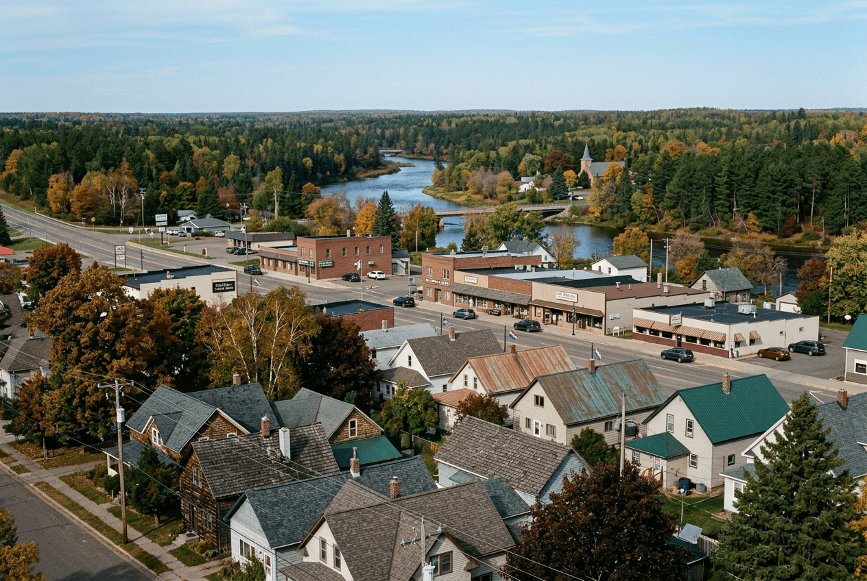 Residential and commercial rooftops near the river and wooded landscape of Pine River, Minnesota